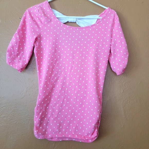 BONGO Tops - BONGO PINK WHITE POLKA DOTS SHORT SLEEVED TOP BOW IN BACK SCOOP NECKLINE SIZE S